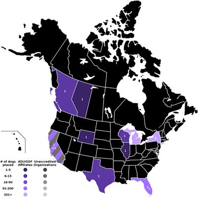 Geographic Availability of Assistance Dogs: Dogs Placed in 2013–2014 by ADI- or IGDF-Accredited or Candidate Facilities in the United States and Canada, and Non-accredited U.S. Facilities